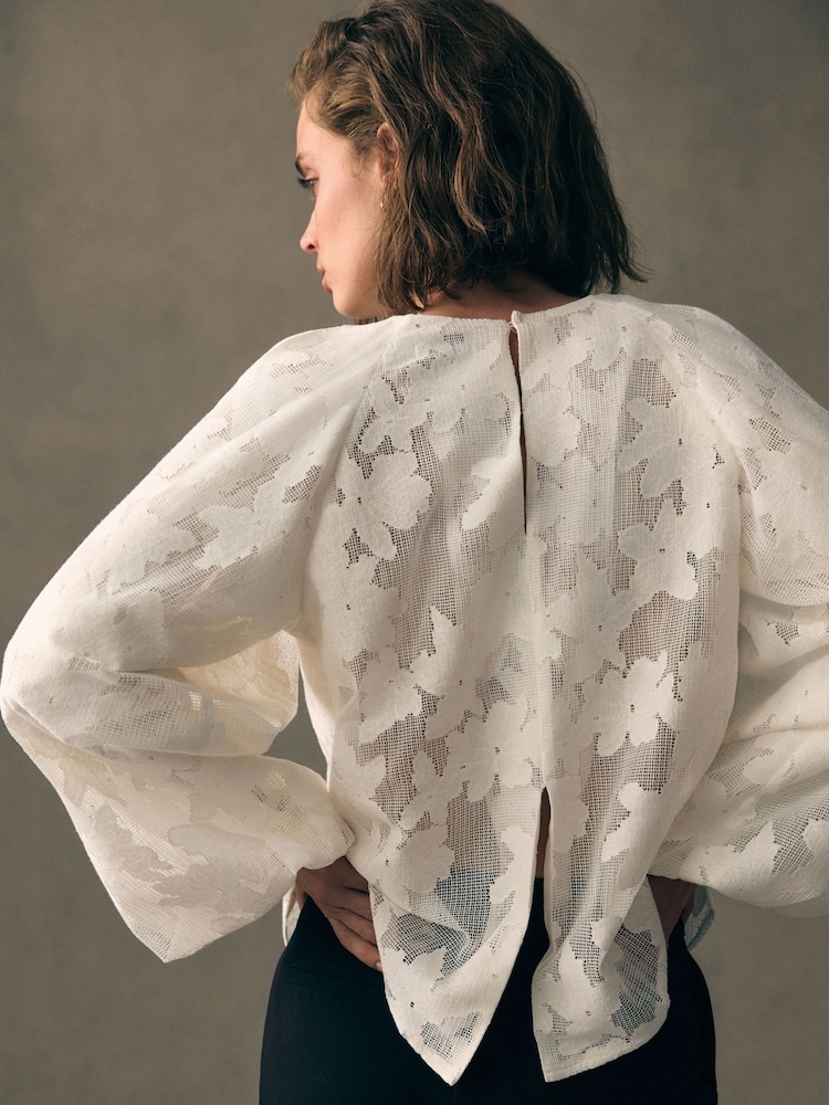 White Volume Sleeve Floral Grid Mesh Blouse - Image 4 of 7