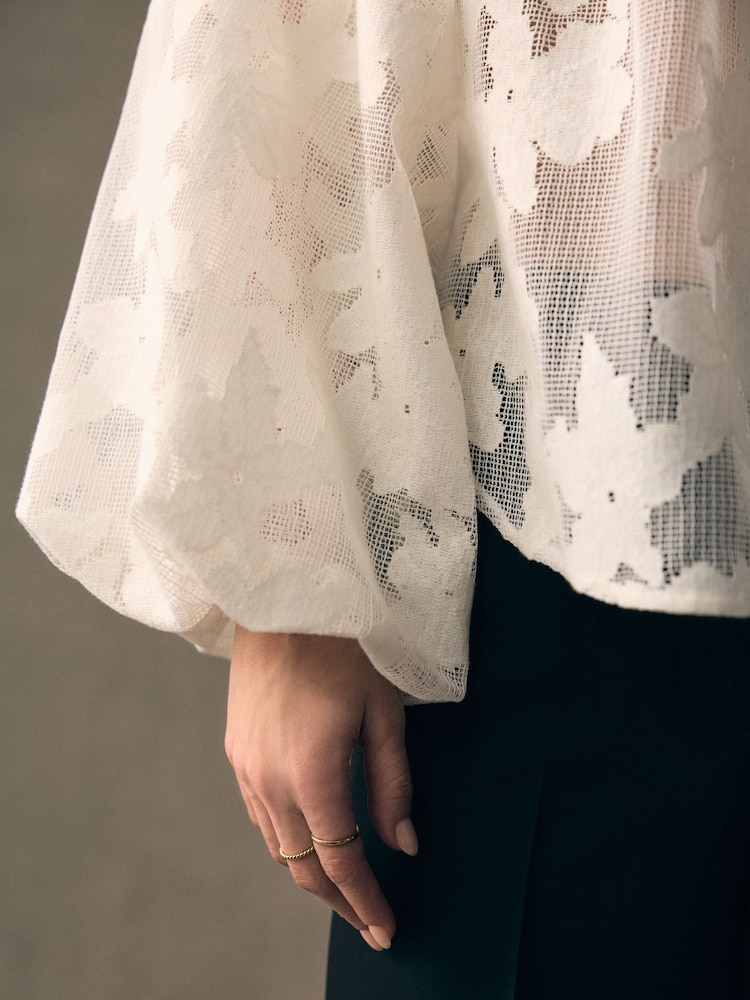 White Volume Sleeve Floral Grid Mesh Blouse - Image 5 of 7
