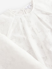 White Volume Sleeve Floral Grid Mesh Blouse - Image 7 of 7
