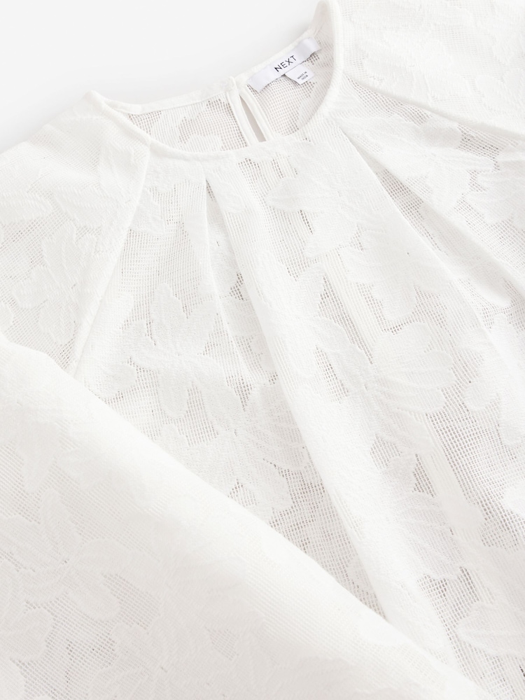 White Volume Sleeve Floral Grid Mesh Blouse - Image 7 of 7