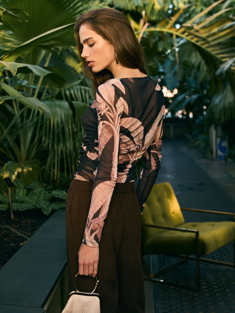 Black Palm Long Sleeve Ruched Side Mesh Top - Image 3 of 7