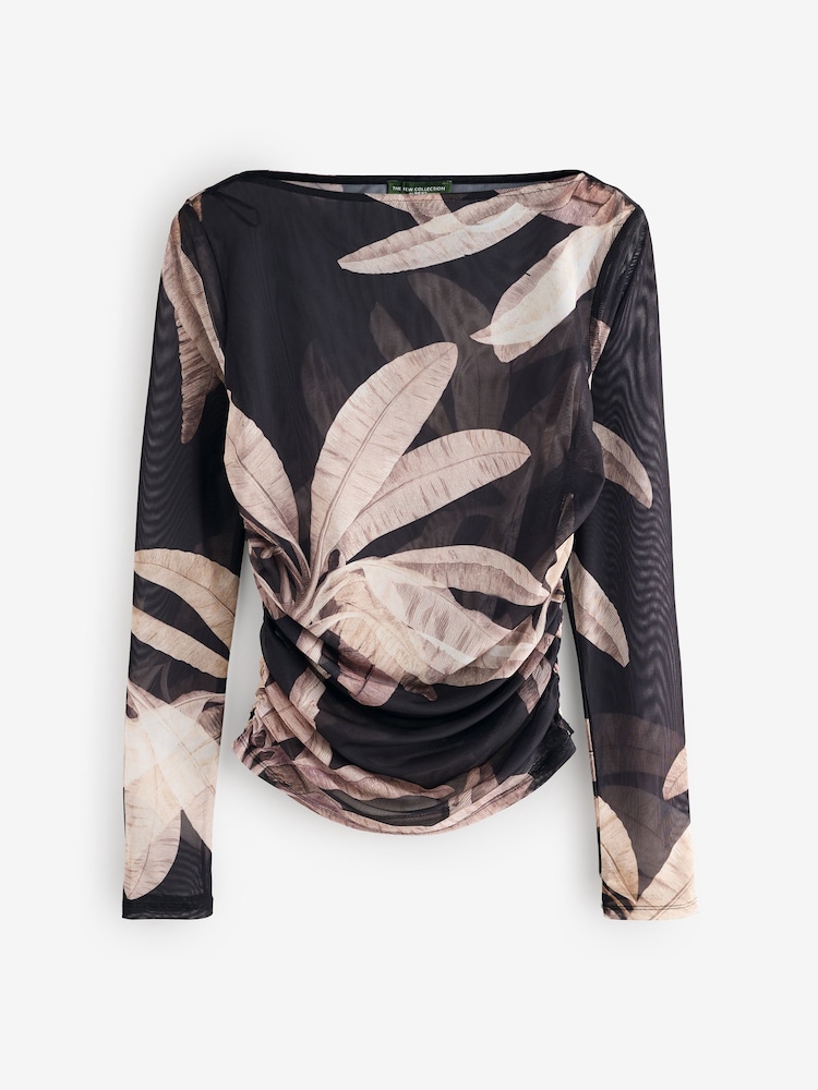 Black Palm Long Sleeve Ruched Side Mesh Top - Image 5 of 7