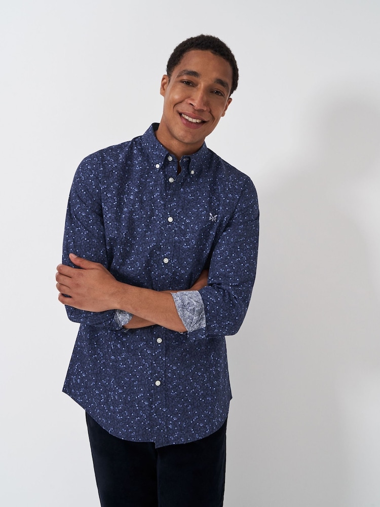 Crew Clothing Blue Long Sleeve Oak Printed 100% Cotton Shirt - Image 1 of 4