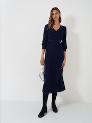 Crew Clothing Blue Velvet Kyra Button Detail Dress - Image 1 of 5