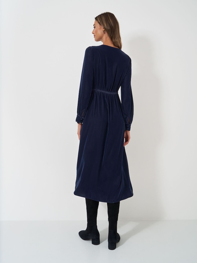 Crew Clothing Blue Velvet Kyra Button Detail Dress - Image 2 of 5