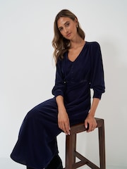 Crew Clothing Blue Velvet Kyra Button Detail Dress - Image 3 of 5
