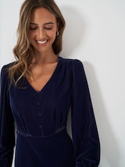 Crew Clothing Blue Velvet Kyra Button Detail Dress - Image 4 of 5