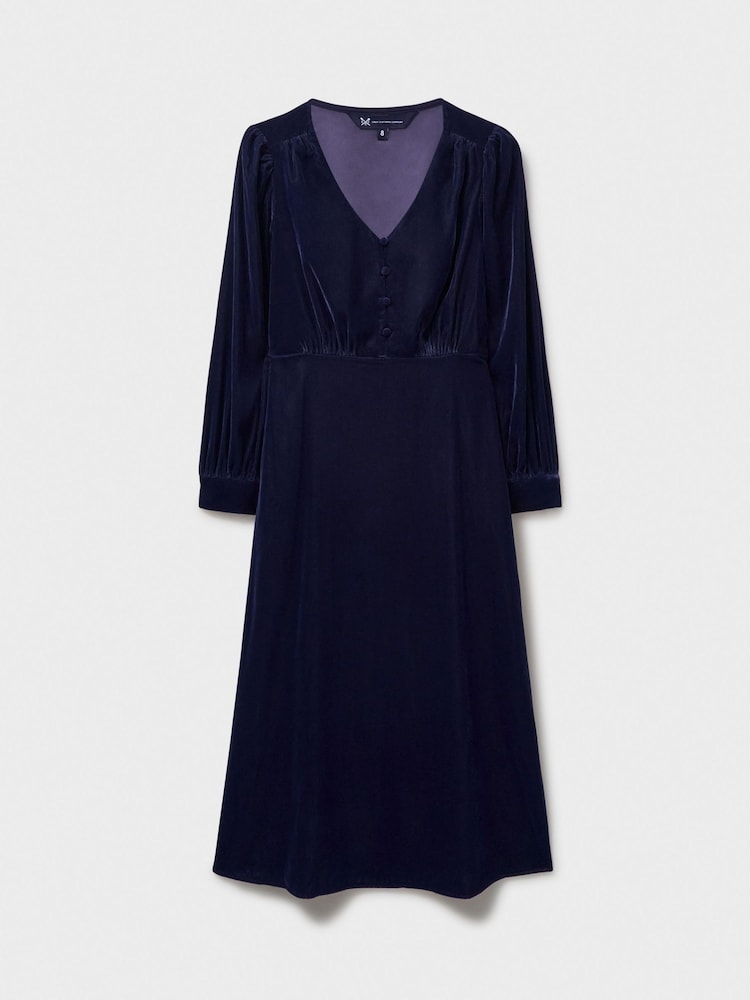 Crew Clothing Blue Velvet Kyra Button Detail Dress - Image 5 of 5
