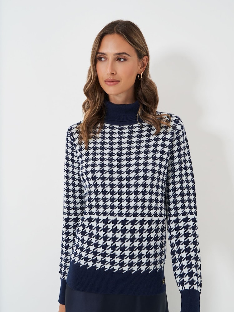 Crew Clothing Blue Houndstooth Roll Neck Jumper - Image 1 of 5
