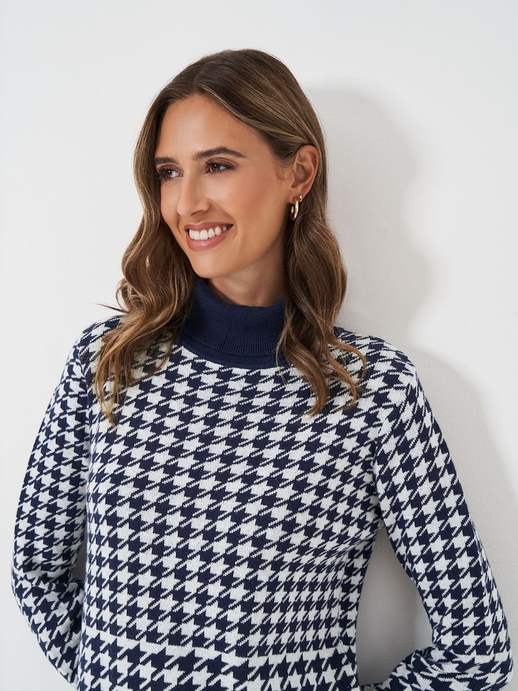 Crew Clothing Blue Houndstooth Roll Neck Jumper - Image 4 of 5
