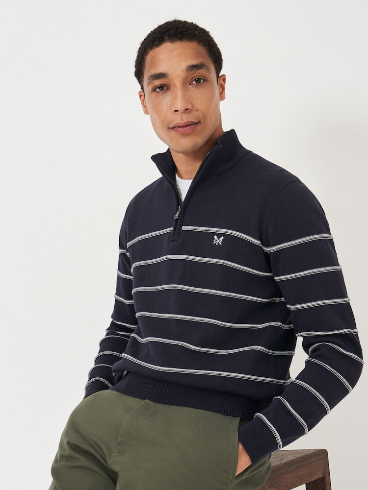 Crew Clothing Company Blue Striped Half Zip 100% Cotton Sweatshirt - Image 1 of 6