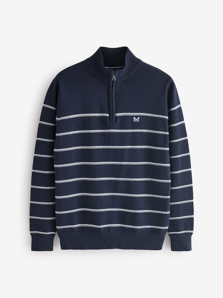 Crew Clothing Company Blue Striped Half Zip 100% Cotton Sweatshirt - Image 6 of 6