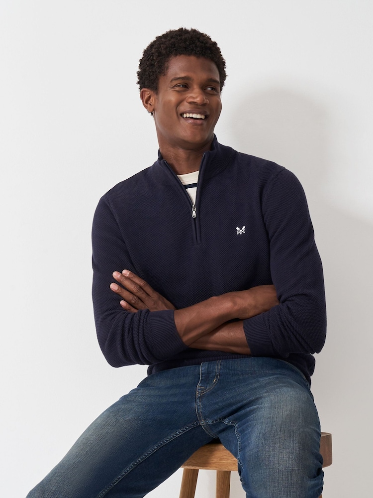 Crew Clothing Blue Pique Stitch Half Zip 100% Cotton Jumper - Image 1 of 5