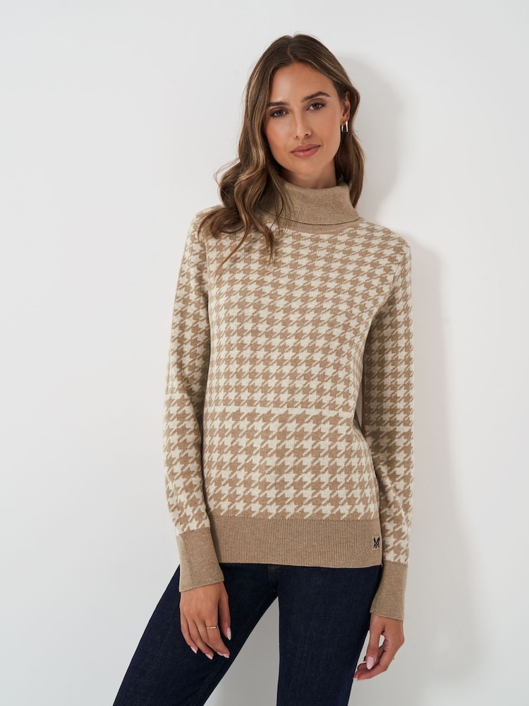 Crew Clothing Natural Houndstooth Roll Neck Jumper - Image 1 of 5