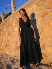 Black Plunge Neck 100% Cotton Maxi Dress - Image 1 of 8