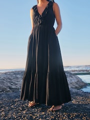 Black Plunge Neck 100% Cotton Maxi Dress - Image 2 of 8