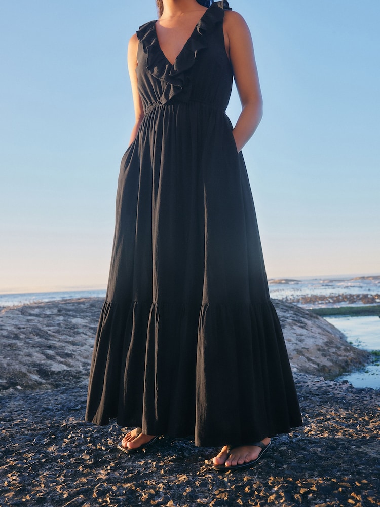 Black Plunge Neck 100% Cotton Maxi Dress - Image 2 of 8