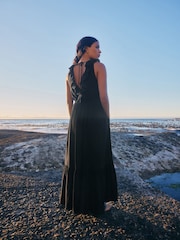 Black Plunge Neck 100% Cotton Maxi Dress - Image 3 of 8