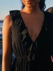 Black Plunge Neck 100% Cotton Maxi Dress - Image 4 of 8