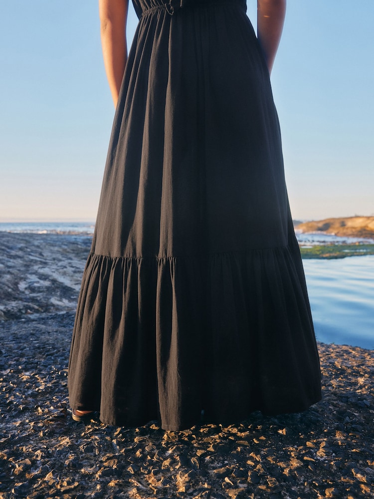 Black Plunge Neck 100% Cotton Maxi Dress - Image 5 of 8