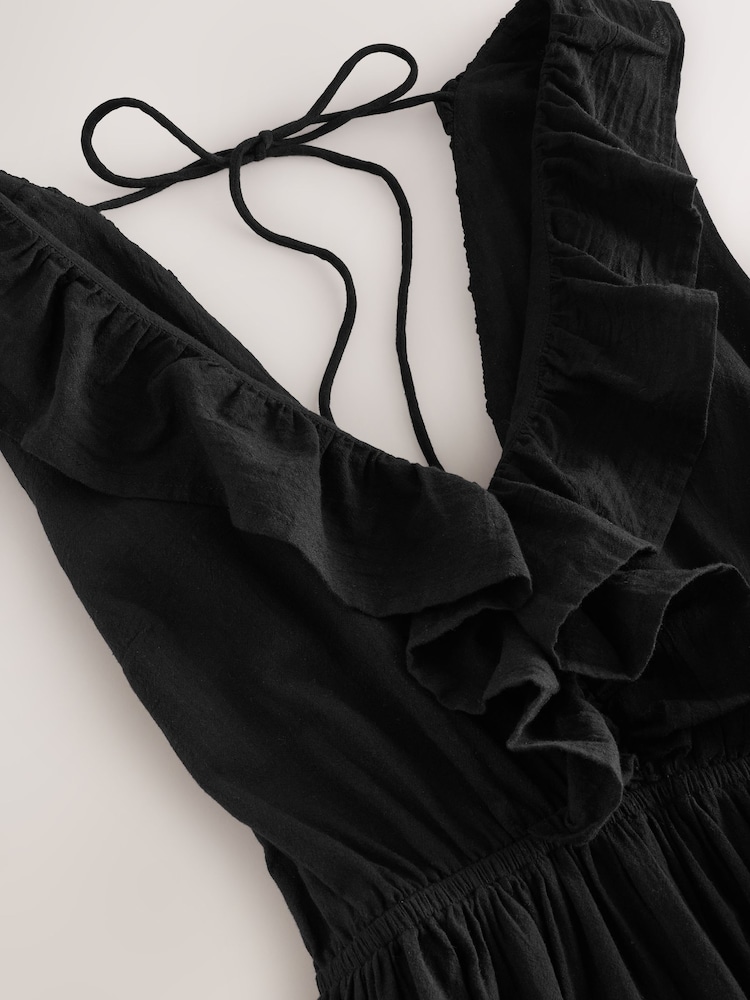Black Plunge Neck 100% Cotton Maxi Dress - Image 7 of 8