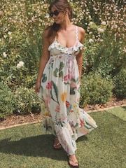Pink/White Kew Gardens Maxi Floral Print 100% Cotton Summer Dress - Image 2 of 7