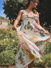 Pink/White Kew Gardens Maxi Floral Print 100% Cotton Summer Dress - Image 4 of 7