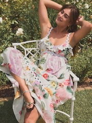 Pink/White Kew Gardens Maxi Floral Print 100% Cotton Summer Dress - Image 5 of 7