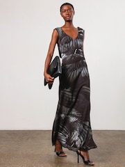 Religion Grey/Black Dawn Maxi Column Dress With Draped Back Detail In Hand-Painted Print - Image 2 of 7