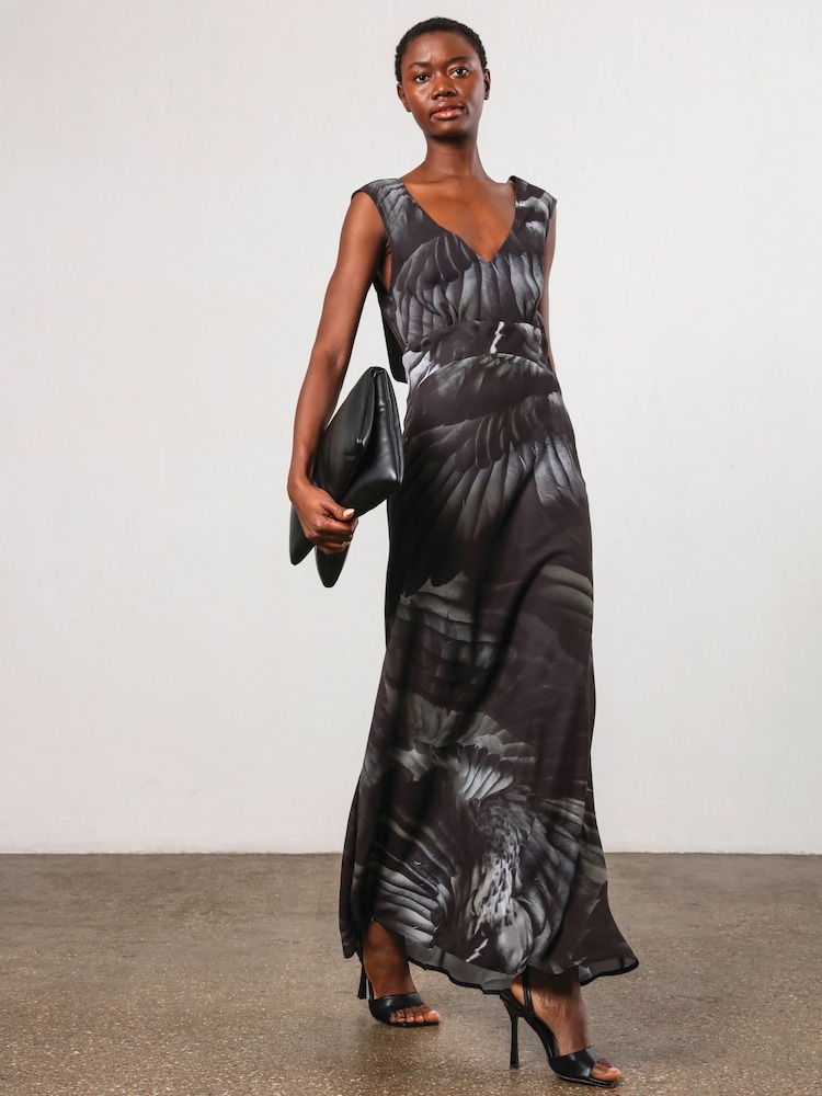 Religion Grey/Black Dawn Maxi Column Dress With Draped Back Detail In Hand-Painted Print - Image 2 of 7