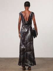 Religion Grey/Black Dawn Maxi Column Dress With Draped Back Detail In Hand-Painted Print - Image 3 of 7