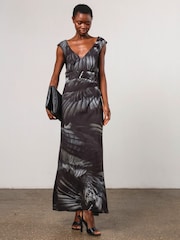 Religion Grey/Black Dawn Maxi Column Dress With Draped Back Detail In Hand-Painted Print - Image 6 of 7