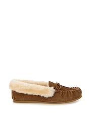 JD Williams Chestnut Classic Suede Moccasin Slippers in Wide Fit - Image 1 of 3