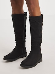 JD Williams Black Super Curvy Calf Microsuede Ruched Boots in Wide Fit Super Curvy Calf - Image 1 of 4