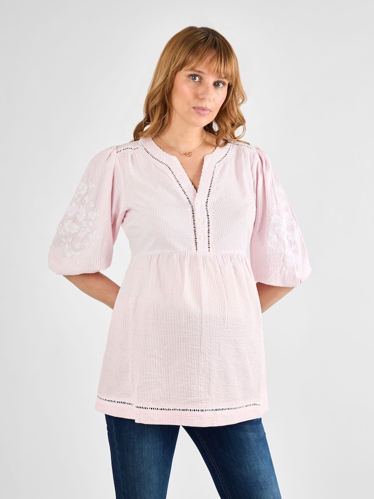 JoJo Maman Bébé Pink Stripe Embroidered Maternity Blouse - Image 1 of 4