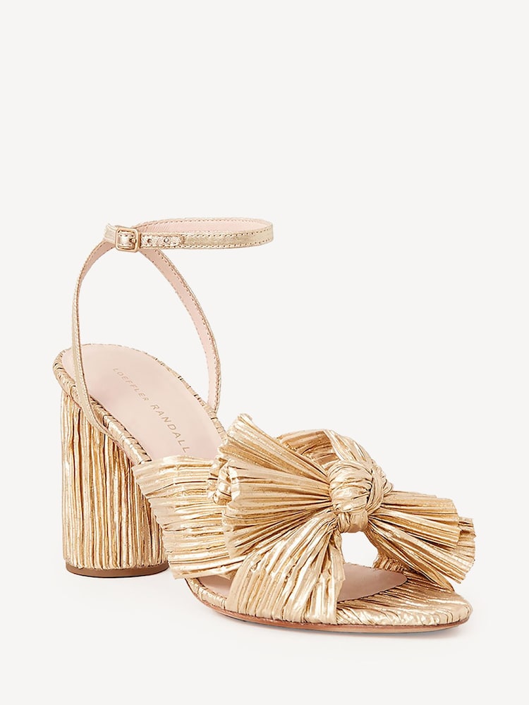 Loeffler Randall Gold Camellia Pleated Knot Heeled Sandals With Ankle Strap - Image 2 of 6 Loeffler Randall Gold Camellia Pleated Knot Heeled Sandals With Ankle Strap - Image 2 of 6