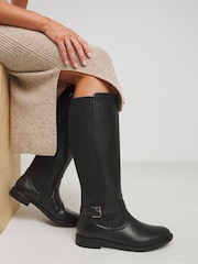 JD Williams Black Leather Riding Boots With Elasticated Back in Extra Wide Fit - Image 1 of 4