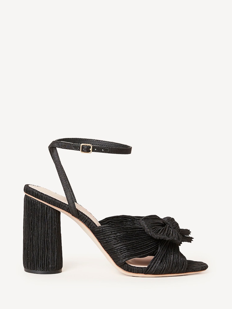 Loeffler Randall Black Camellia Pleated Knot Heeled Sandals With Ankle Strap - Image 1 of 6 Loeffler Randall Black Camellia Pleated Knot Heeled Sandals With Ankle Strap - Image 1 of 6