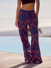 Brown/Navy Embroidered Palm Print Wide Leg Trousers - Image 2 of 7