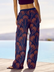 Brown/Navy Embroidered Palm Print Wide Leg Trousers - Image 3 of 7