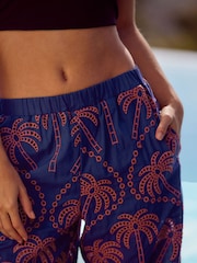 Brown/Navy Embroidered Palm Print Wide Leg Trousers - Image 4 of 7