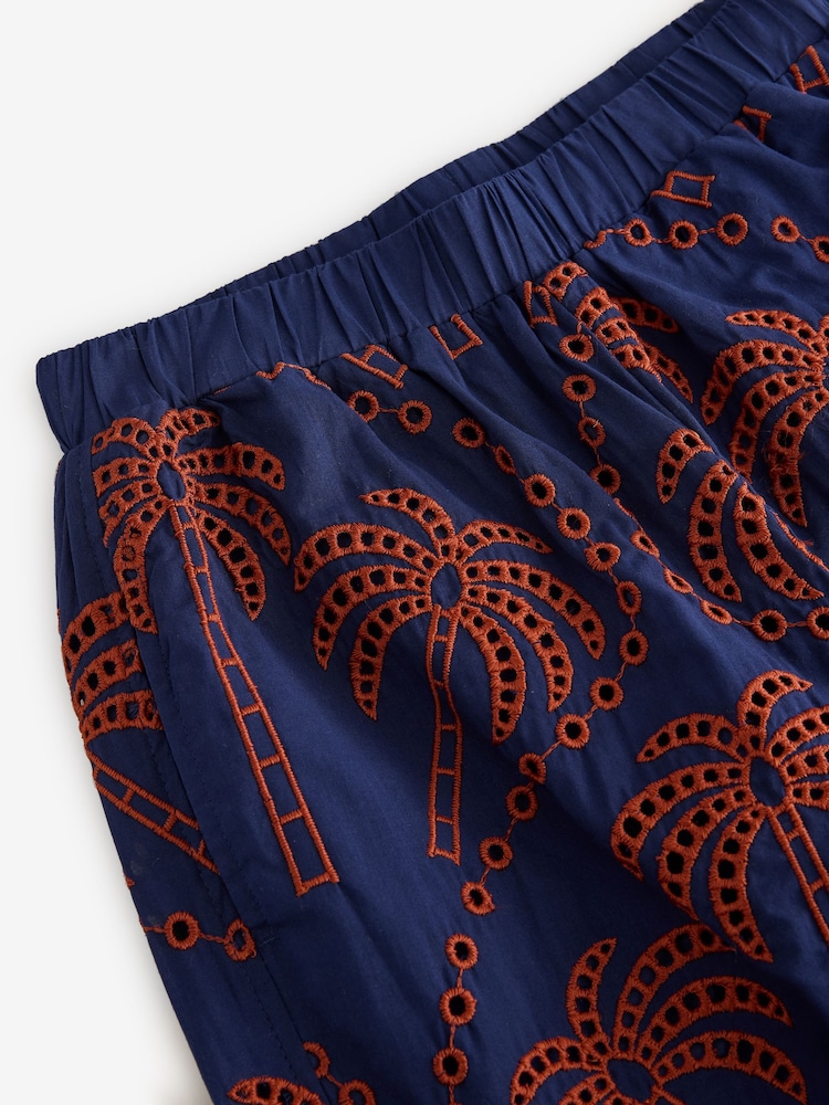 Brown/Navy Embroidered Palm Print Wide Leg Trousers - Image 7 of 7