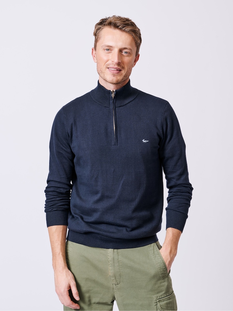Aubin Blue Navy Daw Cotton Zip Neck 100% Cotton Jumper - Image 1 of 5