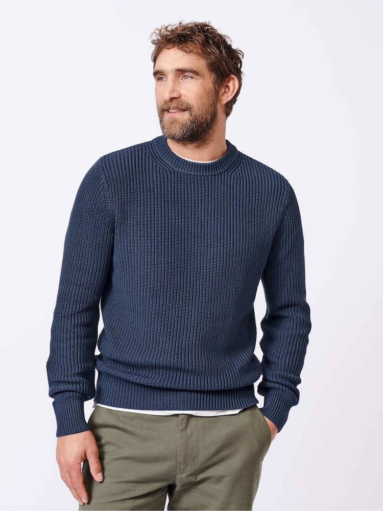 Aubin Blue Martin Ribbed Crew 100% Cotton Jumper - Image 1 of 7