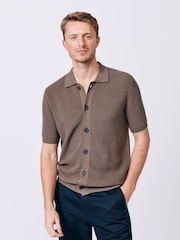 Aubin Brown Keats Button Through 100% Cotton Polo Shirt - Image 1 of 6