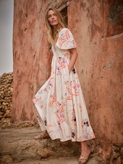 FatFace Marlowe Ivory Gathered Sleeve Printed Dress - Image 1 of 13