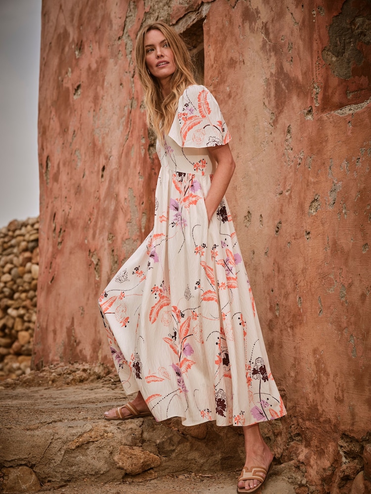 FatFace Marlowe Ivory Gathered Sleeve Printed Dress - Image 1 of 13