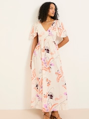 FatFace Marlowe Ivory Gathered Sleeve Printed Dress - Image 2 of 13