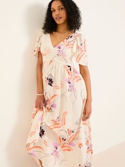 FatFace Marlowe Ivory Gathered Sleeve Printed Dress - Image 5 of 13