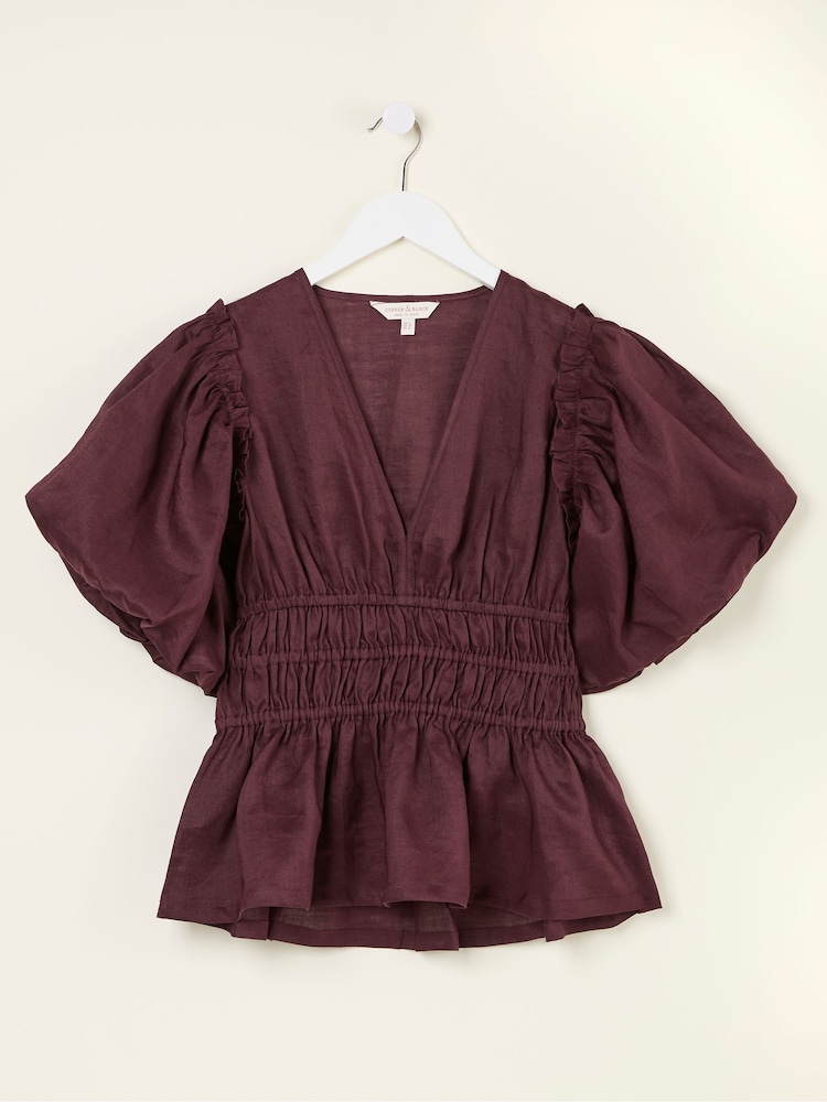 FatFace Arabella Claret Puff Sleeve Top - Image 1 of 1
